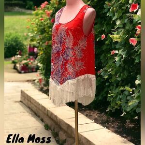 ELLA MOSS ZANEEN FRINGE TANK TOP FLAME RED 100% SILK SMALL